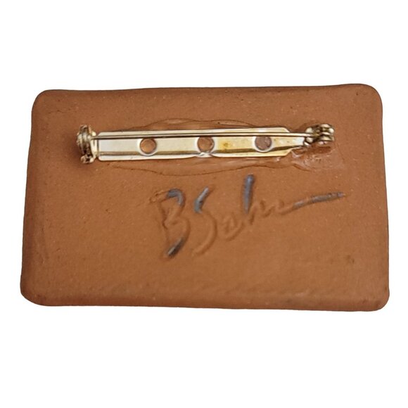 Artisan Clay Pottery Enamel Tree Scene Brooch Pin, Signed M704 - Picture 4 of 8